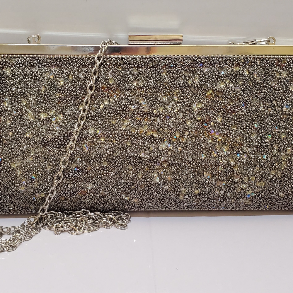 Gunne Sax Silver Clutch with Glittery Exterior and Gold Frame